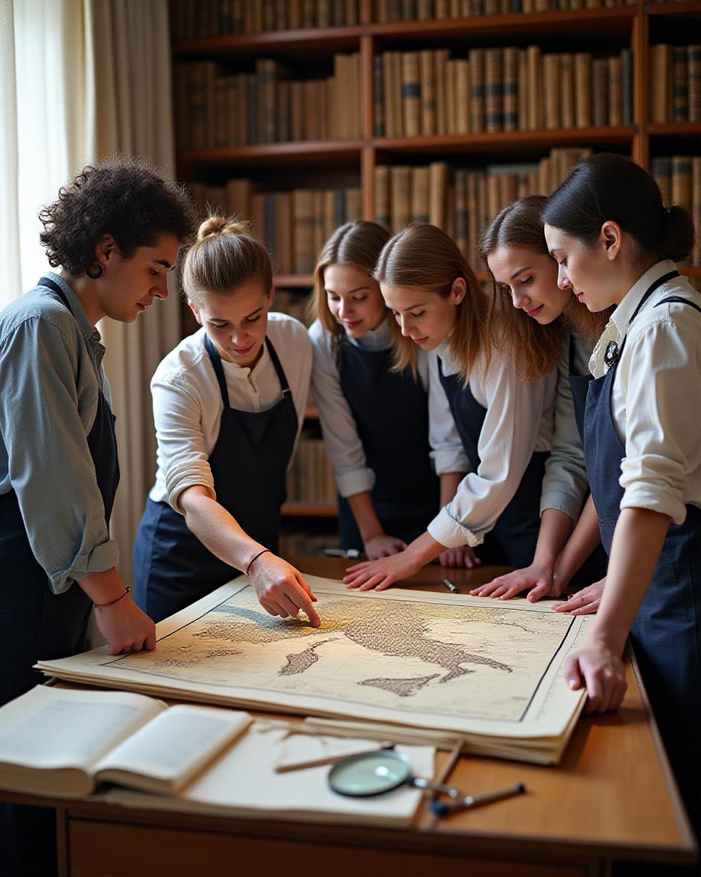Esperti di Litorale Storia che esaminano mappe storiche costiere